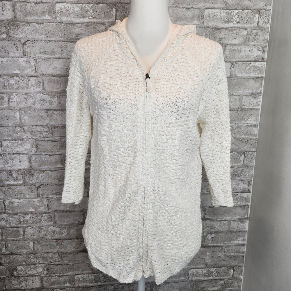 J. Jill Hoodie Zip Jacket White Cotton Linen‎ Blend Textured Crochet Petite M